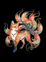 Ornate multi-tailed fox with intricate floral and geometric patterns in warm tones, isolated on transparent background. Ready for t-shirts, stickers, clipart, sublimation, and print-on-demand designs.