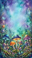 Enchanted forest floor with glowing mushrooms, magical plants, and sparkling lights in purple, teal, and gold watercolor style with mystical atmosphere.