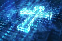 Glowing digital key symbol emerging from binary code matrix background in blue technological concept, representing cybersecurity and data access control.