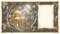 Golden domed cathedral emerging from mystical forest cave with ornate decorative border and blank space for text or design elements.