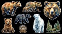 Watercolor bear sticker set isolated on transparent background, featuring grizzly, black, polar bears, cub, paw print, and pine trees, ready for t-shirt design and print on demand.