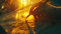 Silhouette of hand pointing at document with dramatic golden backlight and dust particles creating atmospheric mood for business or legal concept background.