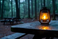 Glowing oil lamp on wooden picnic table in misty forest at dusk, warm light illuminating dark atmospheric woodland setting, moody outdoor scene.