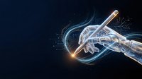 Futuristic robotic hand holding glowing digital pen with holographic interface and data streams on dark blue background for technology concepts.