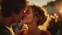 Young couple sharing intimate kiss during golden hour sunset with warm bokeh lights creating romantic atmosphere for wedding or engagement photography.