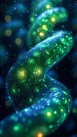 Luminescent spiral shape with glowing green and blue particles against dark background, creating magical ethereal effect with floating bokeh lights and sparkles.