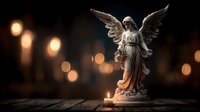 Marble angel statue with outstretched wings standing on wooden surface against warm bokeh lights background creating peaceful spiritual atmosphere.