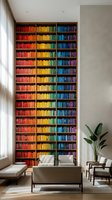 Modern home library with rainbow colored books arranged by hue on floor-to-ceiling shelves creating vibrant gradient wall in contemporary living space.
