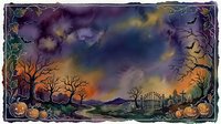 Watercolor Halloween night scene with spooky cemetery, bare trees, flying bats, glowing pumpkins, and dramatic purple sky framed by ornate border.