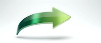 Green curved arrow pointing right with gradient effect and shadow isolated on white background for business presentations and infographic designs.