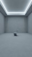 Minimalist concrete room with modern curved chair and bright LED ceiling lighting, suitable for interior design, architecture, and contemporary space concepts.