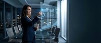 Professional businesswoman interacting with futuristic holographic interface in modern office boardroom for technology and innovation presentations.
