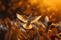 White dove with spread wings flying over raised hands at sunset, symbolizing hope, freedom and spirituality. Golden bokeh light creates magical atmosphere perfect for faith and peace concepts.