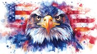 Majestic bald eagle head portrait with American flag background in vibrant watercolor style, featuring intense gaze and detailed feathers against patriotic red and blue splashes.