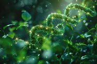 Glowing DNA helix structure with green particles and light effects floating among leaves in dark background, representing genetic science and nature connection.