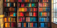 Colorful library bookshelves arranged by color spectrum create rainbow effect, wooden bookcase filled with multicolored book spines near window with natural lighting.