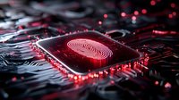 Glowing red fingerprint scanner on microchip with circuit board background, representing digital security and biometric authentication technology. Modern cybersecurity concept.