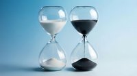 Two glass hourglasses with white and black sand flowing through transparent bulbs on gradient blue background representing time passage and duality concepts.