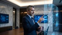 Mature Caucasian businessman in suit interacting with futuristic holographic interface in modern office environment with digital technology displays.