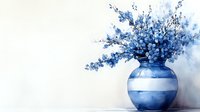 Blue delicate wildflowers in striped ceramic vase against white wall, watercolor style artwork in monochromatic blue tones creating serene home decoration piece.