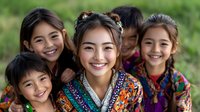 Young Asian women and girls in traditional colorful ethnic clothing smiling together outdoors, representing family bonds, cultural heritage and friendship.