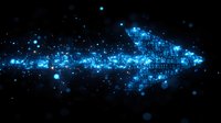 Glowing blue particles form arrow shape against dark background, dynamic motion effect with sparkles and light trails for technology and direction concepts.