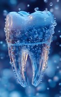 Crystal clear tooth surrounded by water drops and bubbles on blue background, dental care concept for dentistry and oral hygiene promotion.