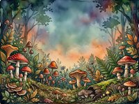 Enchanted forest floor with red mushrooms, ferns, and moss beneath colorful sky, perfect for fantasy illustrations, children's books, and magical woodland designs.