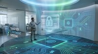 Businessman in futuristic office with holographic cybersecurity interface displaying digital lock and circuit patterns for technology presentations.