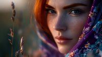 Young woman with red hair and striking features in soft evening light, purple floral scarf framing her face, natural outdoor setting creates dreamy romantic mood.