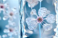 Delicate translucent flower with pink center and crystal-like petals on blue background, creating dreamy ethereal atmosphere. Macro photography reveals intricate details.