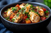 Juicy chicken pieces with colorful vegetables and fresh herbs in savory sauce served in black bowl, close up view with selective focus. Food photography.