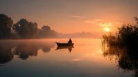 Silhouette of person in small boat on misty lake at sunrise, with golden light reflecting on calm water surface and reeds along shoreline.