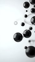 Black glossy spheres floating in white space with connecting lines create modern minimalist composition for technology and science concepts.