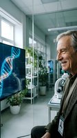 Senior Caucasian male scientist examining DNA helix structure on monitor in modern laboratory for genetic research and biotechnology applications.