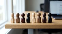 Wooden figurines representing diverse team members standing together on desk in modern office workspace symbolizing unity, collaboration and inclusion.