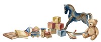 Vintage wooden toys and blocks arranged in a row including a rocking horse, teddy bear, toy train, and colorful building blocks for children's play and nursery decoration.