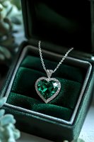Elegant heart-shaped emerald pendant necklace with diamond halo setting resting in dark green velvet jewelry box, captured in moody lighting.