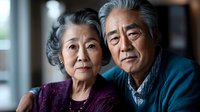 Senior Asian couple embracing warmly in cozy home setting, showing love and companionship in golden years. Elderly man and woman portrait for family concepts.