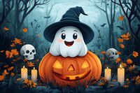Cute ghost wearing witch hat sitting in carved pumpkin, surrounded by glowing candles and skulls in spooky forest with orange autumn leaves and moonlight.