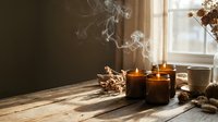 Lit candles with smoke rising on wooden table near window with natural sunlight, autumn decor, cozy home ambiance for wellness and relaxation design.