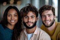 Diverse group of young professionals smiling at camera, showing genuine joy and friendship. Modern office or workplace setting with soft bokeh background.