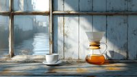 Morning coffee setup with pour-over glass carafe and white cup on rustic windowsill, sunlight casting shadows through vintage window frame on weathered wood.