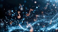 Glowing musical notes floating in dark blue cosmic space with sparkles and light trails, creating magical atmosphere for music and entertainment concepts.