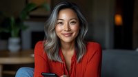 Young Asian woman with silver gray hair wearing red blazer smiling warmly at camera while sitting in modern office or home workspace environment. Professional portrait.
