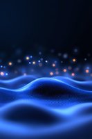 Abstract digital wave pattern with glowing blue particles and bokeh lights on dark background, creating futuristic technology visualization landscape.