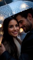 Romantic couple sharing intimate moment under transparent umbrella in rain, with bokeh lights and water drops creating magical atmosphere. For dating apps and blogs.