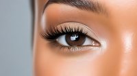 Close up of brown eye with long false eyelashes, shimmery eyeshadow and defined brow showing professional makeup application technique for beauty and cosmetics industry.