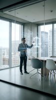 Professional businessman using holographic interface technology in modern office conference room with city skyline view for business presentations.