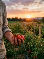 Farmer holding fresh ripe tomatoes at sunset in organic vegetable garden with golden sky and mountain backdrop for sustainable agriculture concepts.